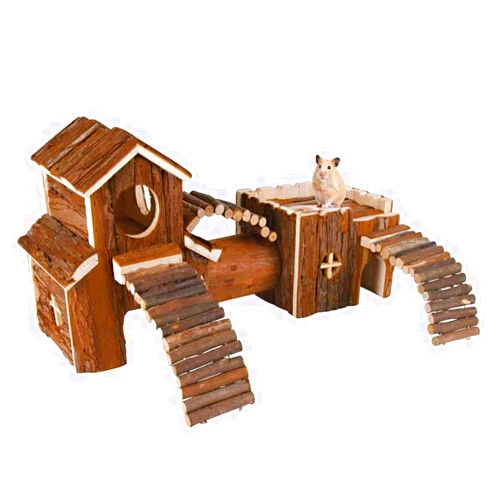 Hamiledyi Natural Wooden Hamster Tunnel Playground Small Animal Multi-Room Hideouts Houses with Climbing Ladders & Bridge for Dwarf Hamster Mice and Other Small Animals,18.5 * 8.7 * 6 in