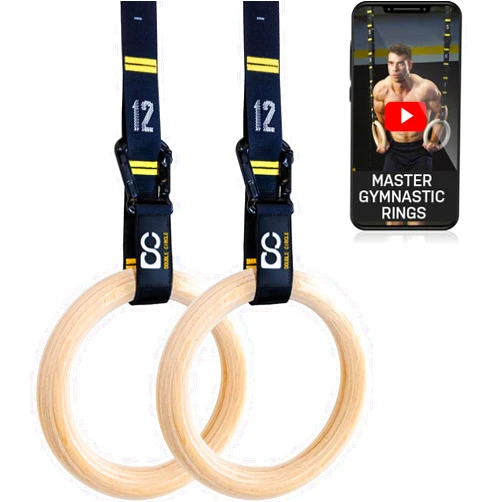 Double Circle Wood Gymnastics Rings with Quick Adjust Numbered Straps and Exercise Videos Guide - Full Body Workout Rings, Calisthenics, Home Gym (Multi-Size)