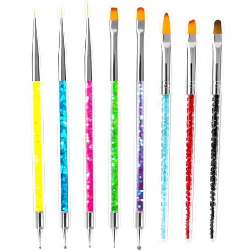 Sularpek 8PCS Function Nail Brush, Nail Liner Brush, Double Ended Nail Art Pen Brushes With Glitter Handle, For DIY Nail Art Designs Dot Pen Tools for Women Girls