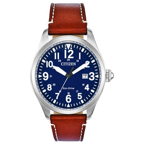 Citizen Men's Sport Casual Garrison 3-Hand Date Eco-Drive Leather Strap Watch, Arabic Markers, Stainless Steel, Field Watch