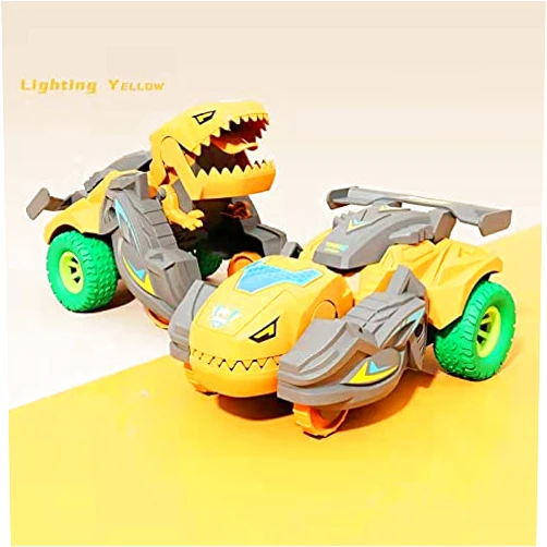 XWE Impact Deformation Dinosaur Toy car Children's Inertia car Fall-Resistant rotatable Racing boy Toy car Gift 2 in 1 Automatic Dinosaur Transformer Toy, (Lightning Yellow)