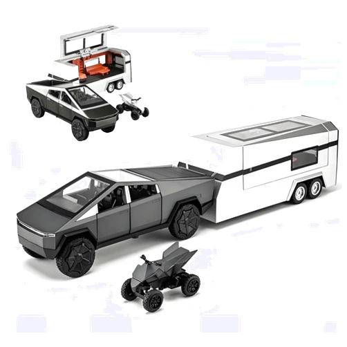 Powvan Toy Truck with RV Motorcycle for Boys Girl Women Adult Diecast Metal Tesla Cybertruck Model Pickup Truck 1/32 Toy Race Car with Sound and Light Gift Age for 6,7,8 Year Up (Black)
