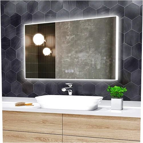 DECORAPORT Dimmable 48 x 28 Inch LED Bathroom Mirror with Touch Button, Bluetooth Speaker, Tri-Color Lights, Anti-Fog, Dimmable, Vertical & Horizontal Mount (D415)