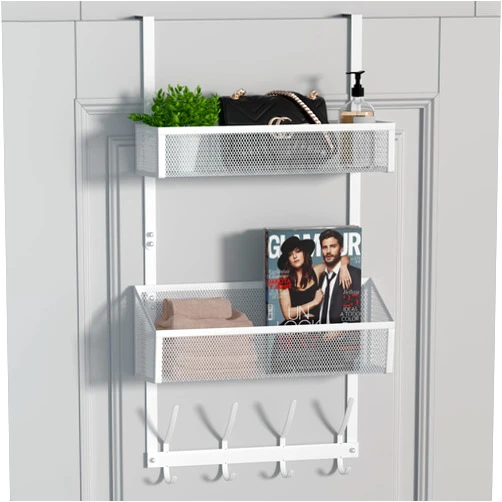 Unjumbly Over Door Hook with 2 Baskets and 4 Hooks, Drilling-free Over The Door Organizer, 304 Stainless Steel Over The Door Hanger for Bathroom, Kitchen, Bedroom, Apartment, Utility Room, White