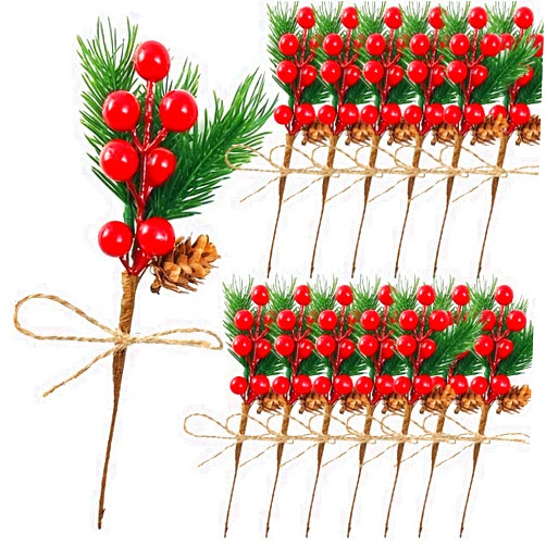 TIHOOD 20PCS 8inch Pine Cone Red Berry Picks Stems Crafts Branch Christmas Wreath, Holly Artificial Evergreen Branches Tiny Pine Cones Picks Décor Floral Picks for Christmas Flower Wreaths DIY