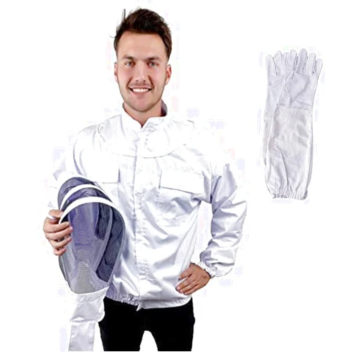 BeeCastle Beekeeping Jacket with Removeable Fencing Veil Hood & Beekeeping Gloves, Bee Jacket Suit Fencing Veil Ultra Light Weight and Maximum Protection for Professional and Beginner Beekeepers (XL)
