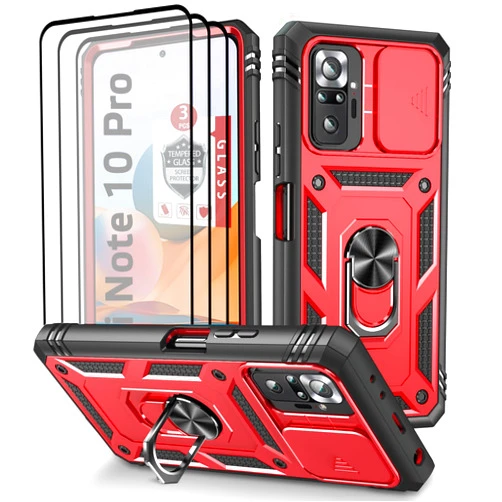 ANOUKE Xiaomi Redmi Note 10 Pro Case, Redmi Note 10 Pro MAX Case with 3 Pcs Tempered Glass Screen Protector Built in Ring Stand Kickstand + Camera Cover, Hard PC Soft TPU Defender Full Body Armor Case -Red