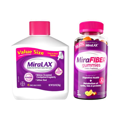 MiraLAX Laxative Powder, 45 Dose and MiraFiber Gummies, 72ct Bundle