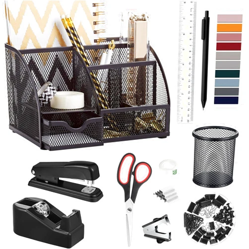 Scindaly Black Office Desk Accessories Supplies, 12pcs Desk Organizers and Accessories with Tape dispenser and Stapler,Staples,Staple Remover,Pen Holder,Scissor,Ruler,Sticky Tabs,Tape,Ballpoint Pen,Clips Set