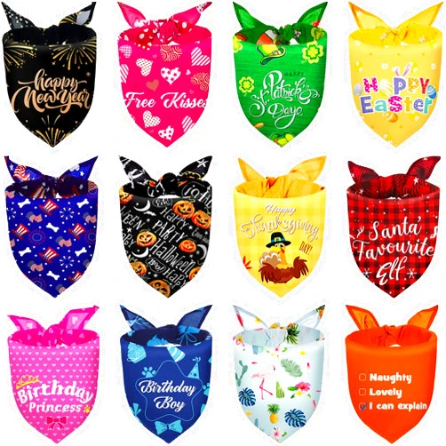 Xuniea 12 Pieces Holiday Dog Bandanas Halloween Dog Scarf Birthday Thanksgiving Christmas Daily Festival Costume Supply Pets Dog Scarf Bandana for Dogs Cats Pets Costume(Large)