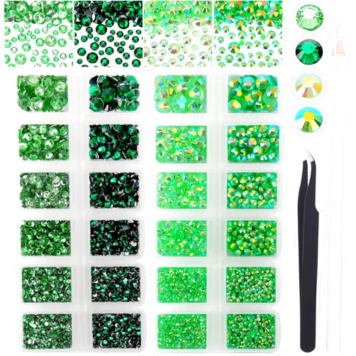 AUREHEN 15000PCs 2-6MM Green Series Resin Flat Back Rhinestones, Round Non Hotfix Jelly & Silver Bottom Resin Rhinestones Nail Gems Stones with Tweezer & Picker Pen for Nail Art Tumblers & DIY Crafts