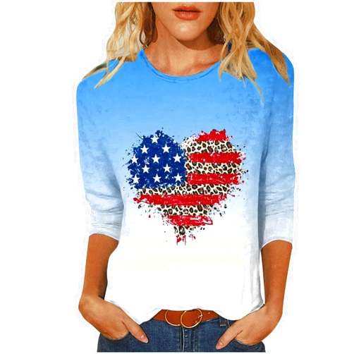 AOREUGL Funny 4th of July Shirts for Women Gradient Love Heart USA Flag Summer Tunic Tops 3/4 Sleeve Casual Patriotic Blouses