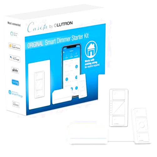 Lutron Caseta Smart Lighting Single-Pole/3-way Smart with LED Decorator Light Dimmer Starter Kit with Smart Hub with Wall Plate, P-BDG-PKG1W, White