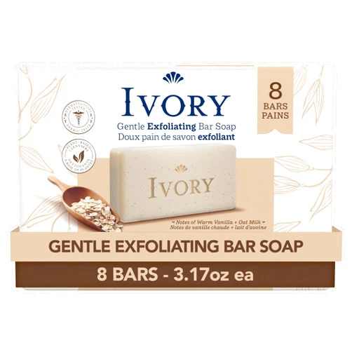 Ivory Exfoliating Bath Bar Soap, Designed for Whole Family with Plant-Based Cleansers, Made Without Heavy Perfumes, Parabens or Phthalates, Warm Vanilla + Oat Milk Scent, 3.17 oz (8 Count)