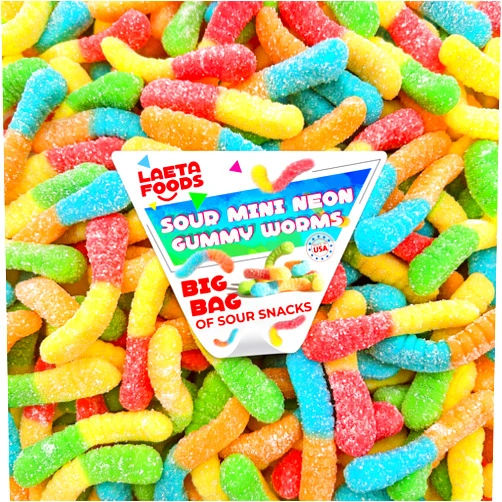 LAETAFOOD Sour Neon Gummy Worms Candy, Assorted Fruit Flavors (1 Pound Bag)