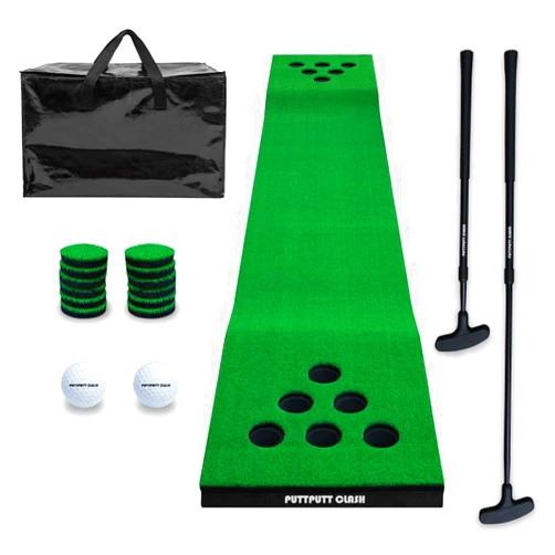 PUTTPUTT CLASH Premium Golf Pong Game Set – Includes Carry Bag, Putting Mat, 2 Adjustable Putters, 2 Golf Balls, 2 Bases, 12 Hole Covers - Fun Backyard Party Game