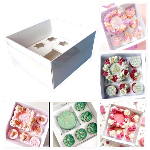SAHROO Bento Cake and Cupcake Box 6-inch Cake and 5 Cupcakes Box Full Clear Cover 5 Sets for Family Dinner Birthday Party Picnic Gift