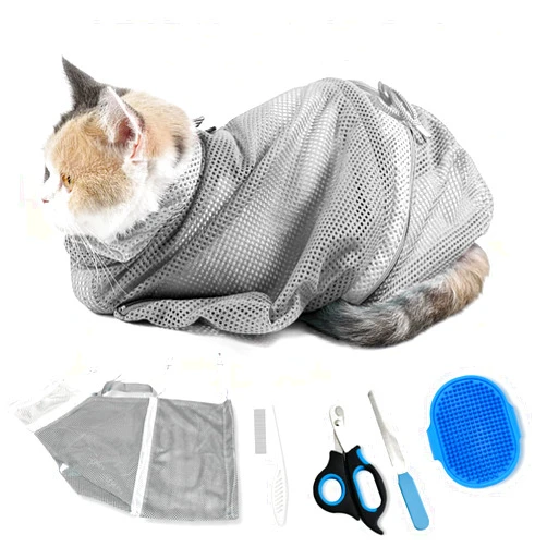 MSMUOEZ Adjustable Multifunctional Anti-Bite Shower net Bag，Cat Grooming Mesh Bag, Cat Bathing Bag，Cat Bath Brush and Cat Nail Clipper (A-Grey)