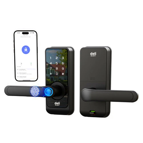 Deli SECURITY WiFi Smart Lock, Fingerprint Keyless Door Lock with Handle, Built-in Wi-Fi, APP Remote Control, Biometric Door Knob for Entry Door, Auto Lock, IP66 Waterproof