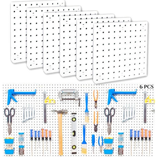 LANSI 6Pcs Peg Board, Pegboard Wall Organizer Panels, White Pegboard Wall Mount, ABS Pegboard for Craft Room Garage Kitchen Workshop, ABS Peg Boards Easy Installation (White)
