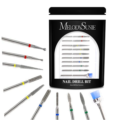 MelodySusie 10pcs Nail Drill Bits Set, 3/32 Inch Diamond Cuticle Nail Bits Kit for Nail Drill E-File, Manicure Pedicure Remover Tools for Acrylic Gel Nails, Salon Home Nail Care Supplies, Silver