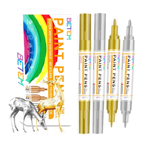Betem Oil Based Paint Markers, Dual Tip Paint Pens(0.7mm & 3mm), Gold Silver Permanent Paint Marker Pen, Waterproof, Quick Dry, for Fabric, Rock Painting, Wood, Plastic, Metal, Canvas (2Gold2Silver)