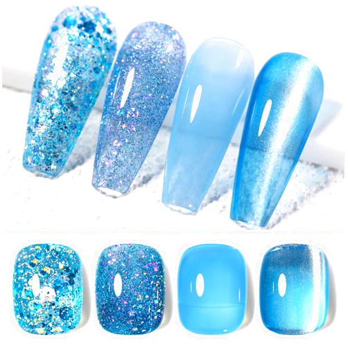 Born Pretty Glitter Gel Nail Polish Jelly Blue Gel Polish Cat Magnetic Eye Gel Blue Series Gel Nail Polish LED Gel Nail Art Manicure Kit 4PCS