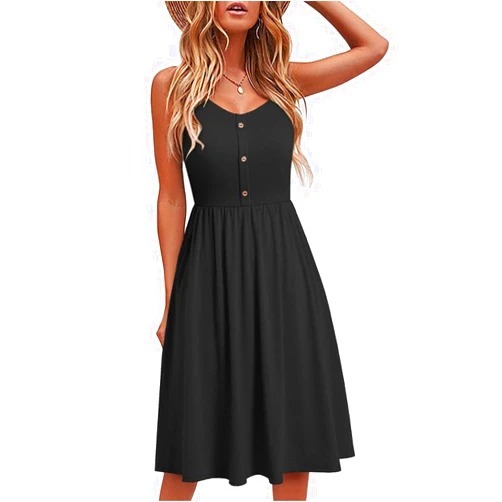 Hoksml Sleeveless Loose Button Down Midi Dress Summer Dresses Casual Pleated Swing Tshirt Dress Short Dresses for Women