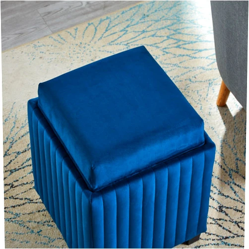 Modernben Velvet Storage Ottoman Cube, Versatile Beige Ottoman with Tray Large Storage, Cube Serve as Side Table Foot Rest Footstool Bench for Living Room, Navy Blue