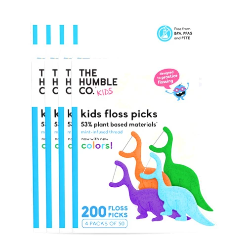 The Humble Co. The Humble Co Dental Floss Picks for Kids Teeth, (200 Count) - Easy to Hold Dinosaur Shaped Kids Floss Picks for Healthy Gums - Plant-Based Shred-Resistant Flossers for Dental & Oral Care - (Mint)