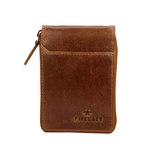 FINELAER Leather 9 Slot Vertical Credit Debit Card Holder Money Wallet Zipper Coin Purse for Men Women (Brown Stag)