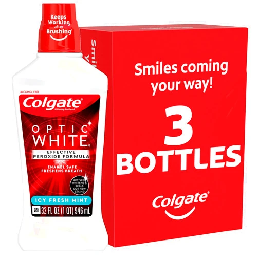 Colgate Optic White Whitening Mouthwash with Hydrogen Peroxide, Alcohol Free, Icy Fresh Mint - 32 fluid ounces (3 Pack)