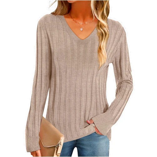MEROKEETY Women's 2024 Fall V Neck Sweater Long Sleeve Ribbed Knit Casual Slim Fitted Pullover Top
