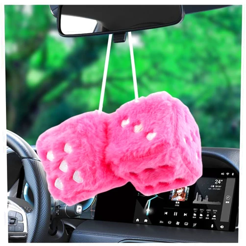 SSNNUU Fuzzy Dice for Rear View Mirror with Suction Cup,Cute Mirror Dice Decorates Car Accessories Interior,Stylish Car Hanging Ornament Car Dice Increasing Driving Pleasure (Rose)