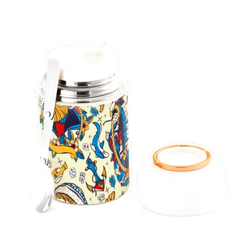 YETTASBIN 17 oz Stainless Steel Vacuum Insulated Food Jar for Kids Adults, Old School Tattoo Leakproof Wide Mouth Soup Thermal Lunch Fruit Container with Folding Spoon for Hot Cold Food