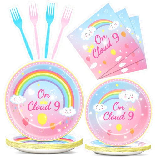Chiazllta 96 Pcs On Cloud 9 Birthday Decorations for Girls On Cloud 9 Party Plates and Napkins Supplies 9th BirthdayTableware Set Rainbow Themed Party Favors Serves 24 Guests
