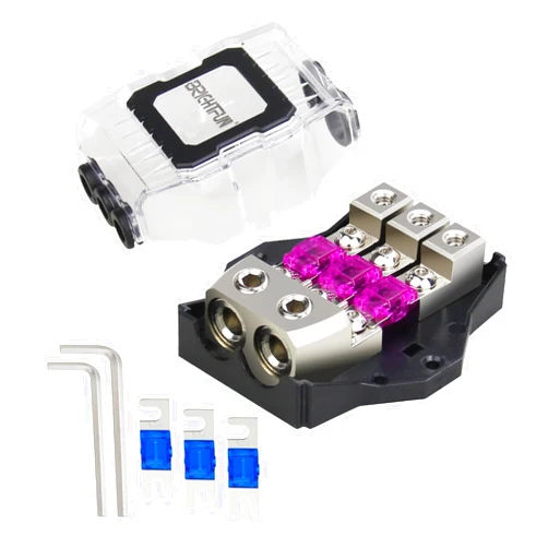 BRIGHTFUN 3 Way Mini-ANL Fused Distribution Block, 2 X 0/2/4 Gauge in / 3 X 4/8/10 Gauge Out Fuse Block with 60A, 100A Fuses for Auto UTV Boat Stereo Amp