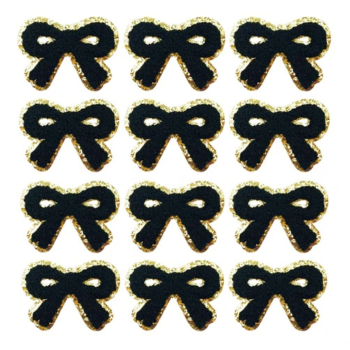 SaktopDeco 12 PCS Black Bow Patch Bow Iron On Patch Gold Edges Chenille Patches Bow Applique Embroidery Patches for DIY Hats Bags Clothes