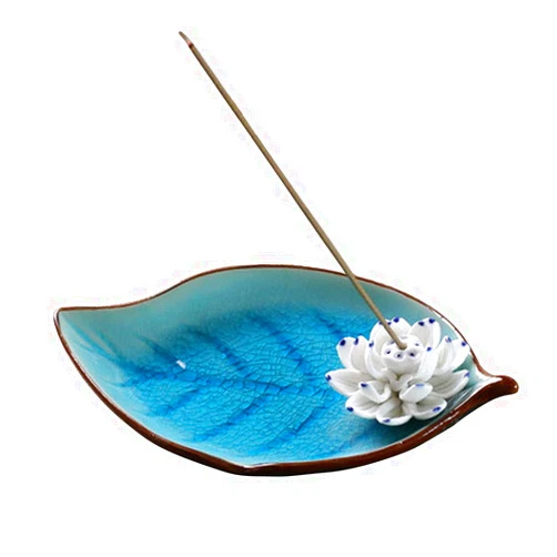 Corciosy Incense Holder for Sticks-Ceramic Decorative Lotus Incense Burner Leaf-Incense Ash Catcher Tray Sky Blue