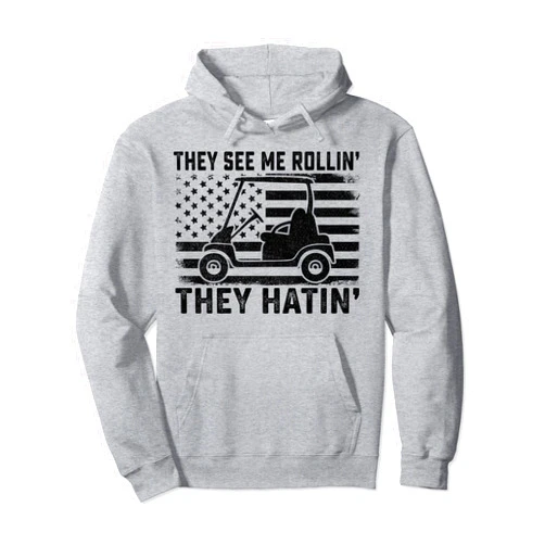 Golf Course Cart Driving 4th July Veteran Golfer Funny Golfer Dad Husband Mens US Flag They See Me Rolling Pullover Hoodie