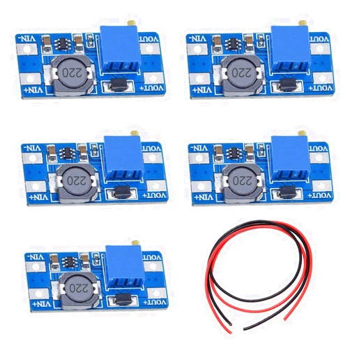 DAOKI 5 Pcs DC-DC Boost Converter MT3608 2V-24V to 5V-28V 2A Adjustable Voltage Regulator Step Up Power Supply Module for Arduino with 24AWG Wire