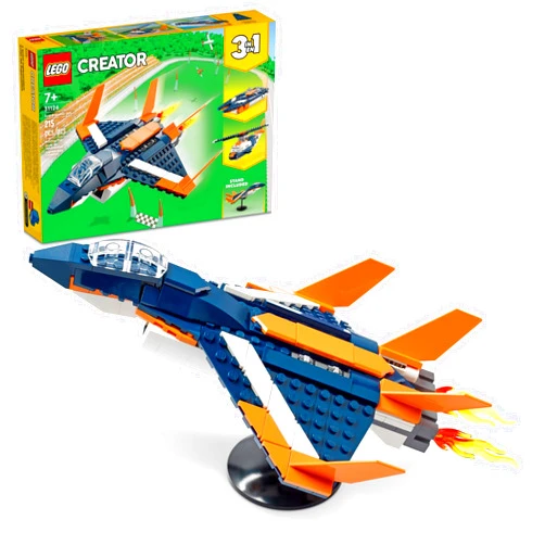 LEGO Creator 3 in 1 Supersonic Jet Plane Toy Set, Transforms from Plane to Helicopter to Speed Boat Toy, Buildable Vehicle Models for Kids, Boys and Girls 7 Plus Years Old, 31126