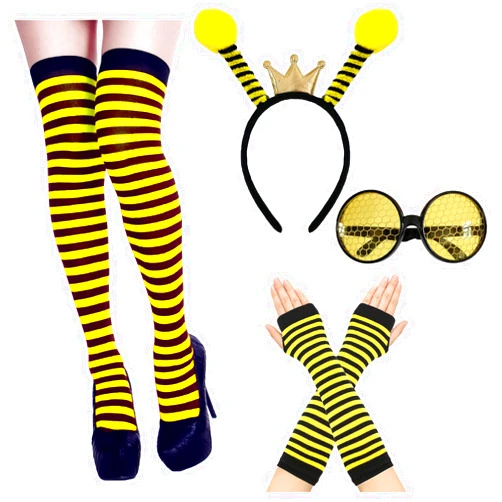 YAXAMING 4 Pcs Halloween Bee Headband Glasses Stockings Gloves Bee Antenna Hair Hoops Bands Headpiece Hairband Sunglasses