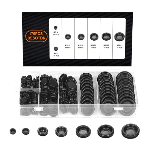 BESOTDN 170PCS Rubber Grommet Kit, Closed Rubber Hole Plug, Electrical Wire Gasket Kit, Rubber Grommets for Wiring Protection, Firewall Hole Plug Set, Drill Hole 7 Sizes 1/4