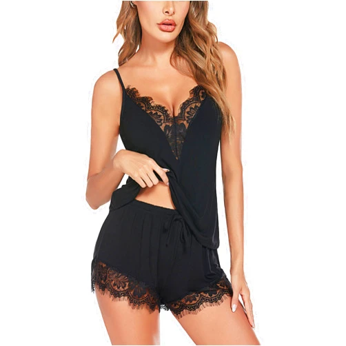 Avidlove Women Pajama Set Lace Trim Short PJ Set Modal V Neck Sleeveless Sleepwear Drawstring Waist Nightwear S~XXL