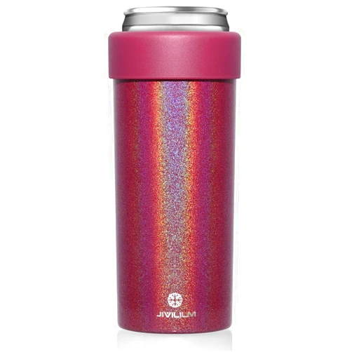 JIVILILM Stainless Steel Insulated Cooler for 12oz Slim Cans | Skinny Can Drinks Holder for Hard Seltzer, Beer, Soda, and Energy Drinks (Glitter Merlot)