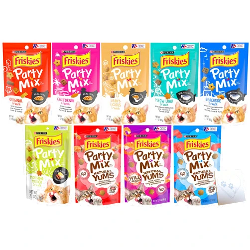 CHRONOS ENTERPRISES LLC Friskies-Party Mix Cat Treats HUGE Variety Pack - All Nine Flavors: Chicken & Liver, Whitefish & Crab, Tuna, Salmon, Shrimp, Chicken & Gravy and More + Pet Paws Notepad (2.1oz Each, 18.9oz Total)