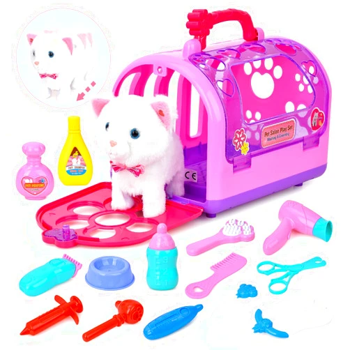 Fegalop Pretend Play Vet Toys Pet Set for Kids Walk and Meow Little Cat Pet Care Roleplay with Feeding Tools Case Early Educational Toys for Boys Girls Toddlers 2+ Years Old Gift-Press Ear to Move and Sing