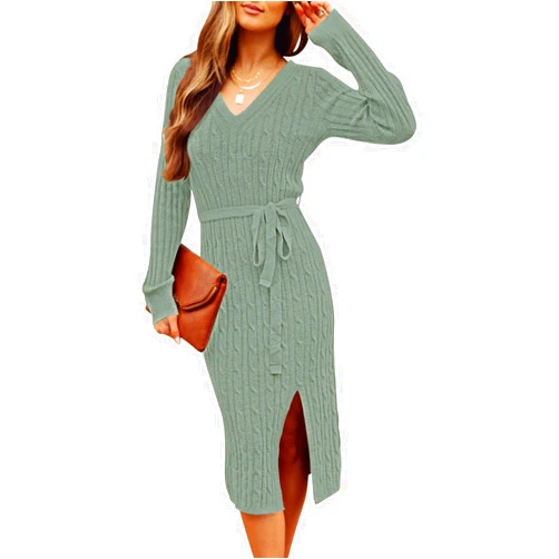 MEROKEETY Women's V Neck Cable Knit Sweater Dress Long Sleeve Bodycon Slit Pullover Midi Dress with Belt