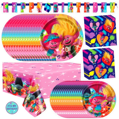 Unique Troll Birthday Party Decorations | Serves 16 Guests | Banner, Tablecloth, Dinner & Cake Plates, Napkins, Sticker